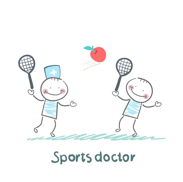 Спортивный врач играет с человеком в бадминтон яблоко — стоковый вектор