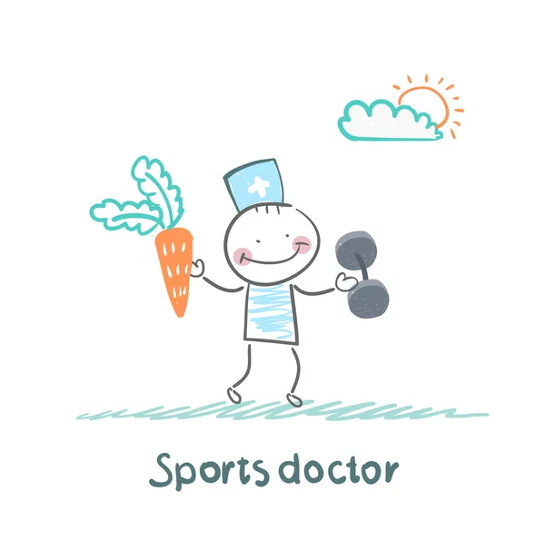 แพทย์กีฬาเสนอแครอทและถือดัมเบลล์ — ภาพเวกเตอร์สต็อก