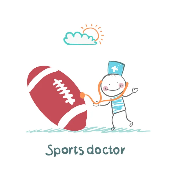 Sports doctor listens to a stethoscope football — Stock Vector