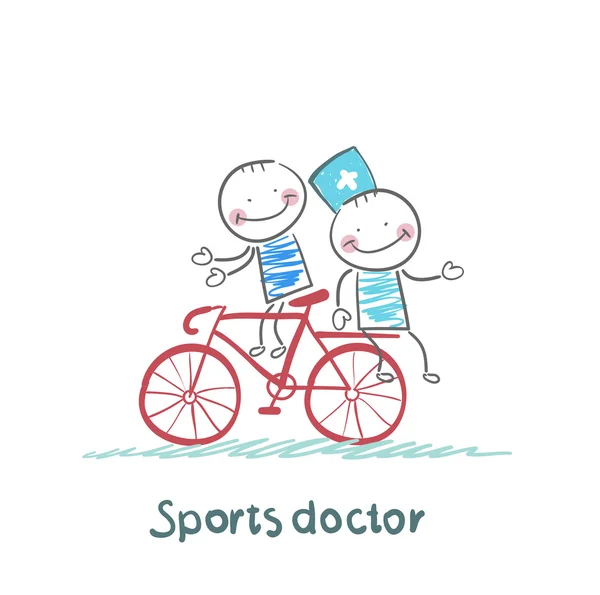 Sports doctor rides a bicycle with a patient — Stock Vector