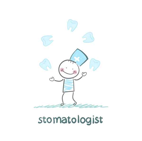Stomatologist juggles teeth — Stock Vector