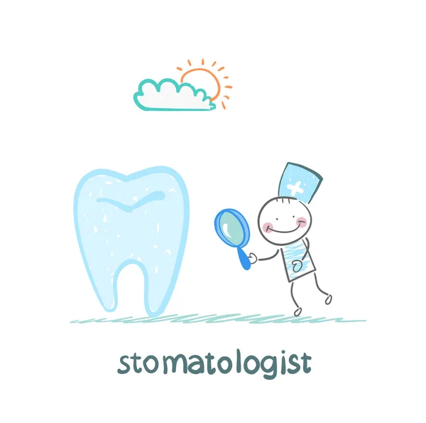 Stomatologist kijken door een vergrootglas op een tand — Stockvector