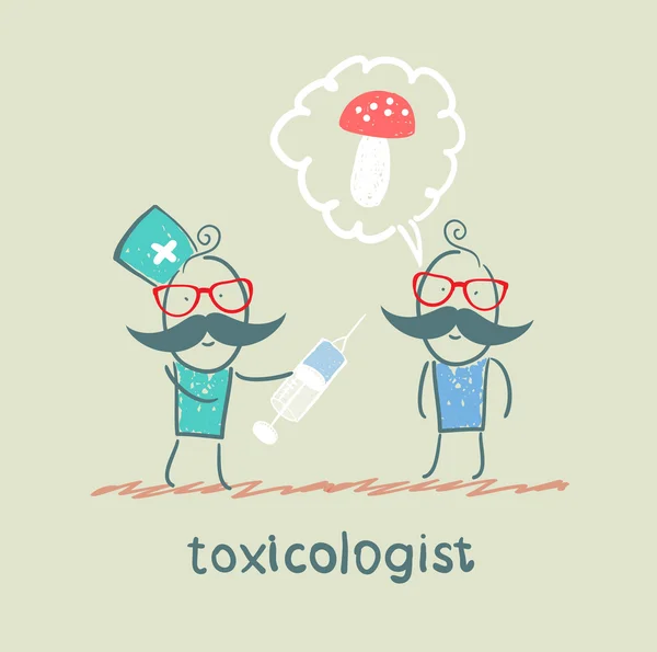 Toxicologist makes the patient an injection, which has poisoned mushrooms — Stock Vector