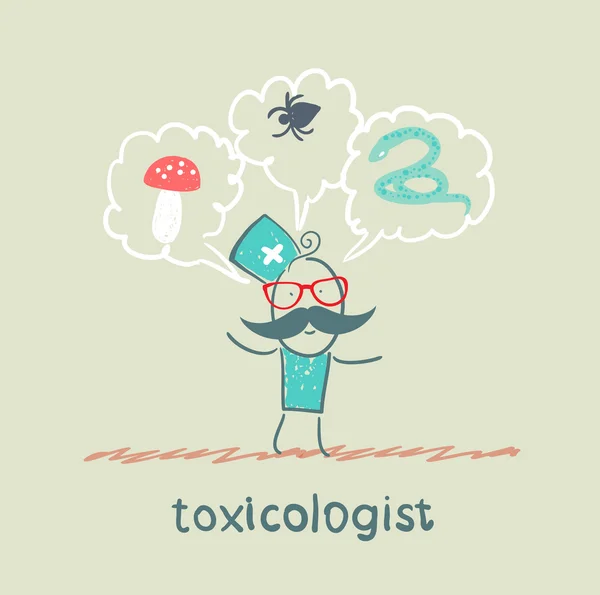 Toxicólogo piensa en la serpiente, insectos y hongos — Vector de stock