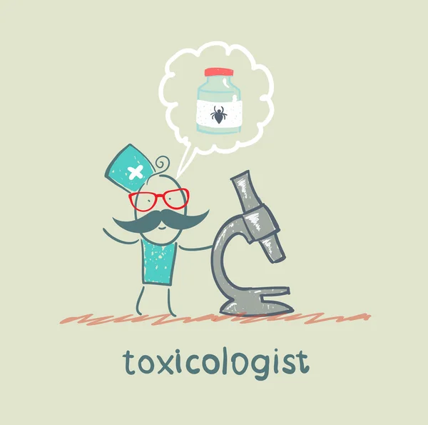 Toxicologist looking through a microscope and thinks about the antidote to spiders — Stock Vector