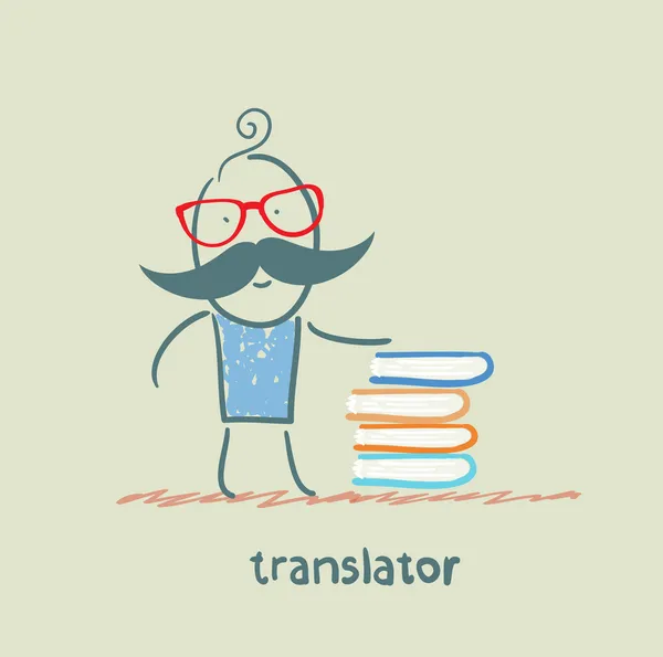 Translator standing next to a stack of books — Stock Vector