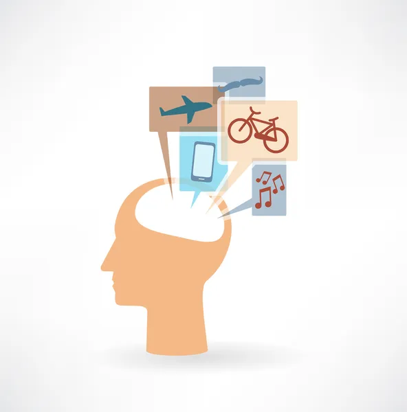 Homem pensando em celular, bigode, avião, música e ícone de bicicleta — Vetor de Stock