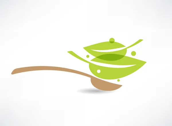 Cuchara con icono de hoja verde — Vector de stock