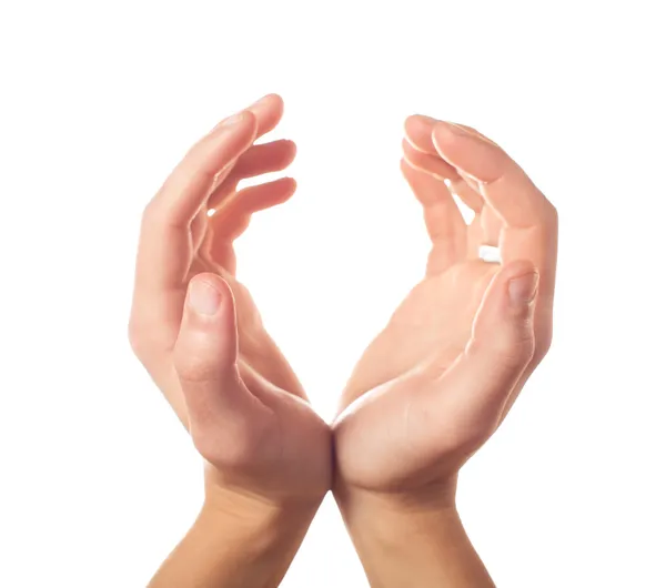 Dos manos humanas mostrando esfera sobre fondo blanco — Foto de Stock