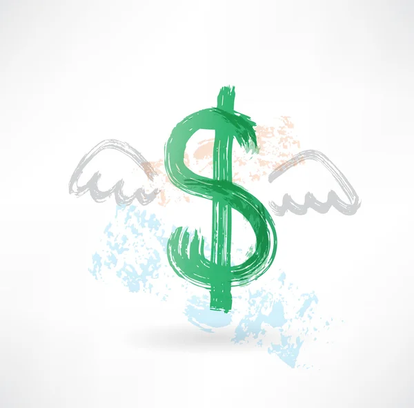 Dólar con alas icono grunge — Vector de stock