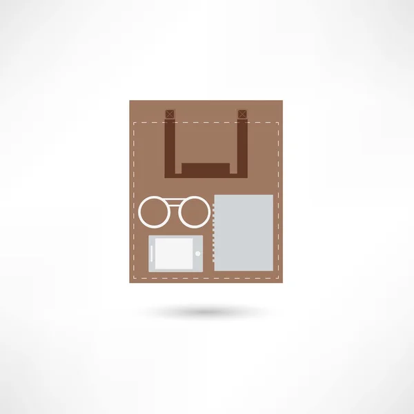 Óculos, e-book e folha de papel dentro do saco de papel — Vetor de Stock