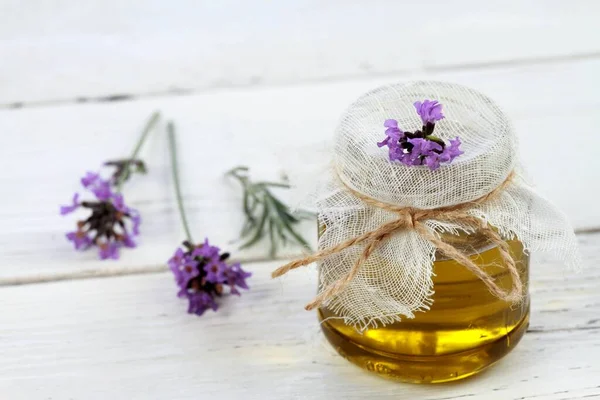Natural Lavender Oil Jar Homemade Herbal Curative Lavender Oil Good — Stock Photo, Image