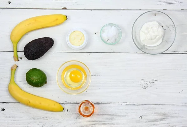 Natural Ingredients Smoothing Softening Hydrating Your Hair Avocado Banana Yogurt — Stock Photo, Image