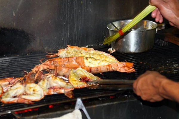 Lobsters Grilled Charcoal Stove Street Market Famous Night Food Fish — Stock Photo, Image