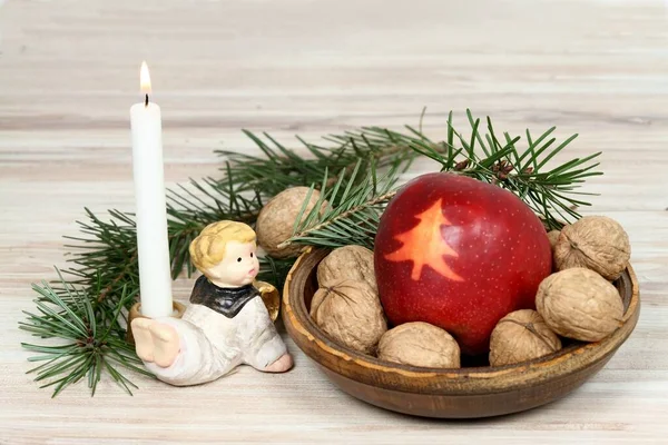 Holiday Apple Christmas Tree Candle Angel Christmas Decoration Walnuts Wooden — Stock Photo, Image