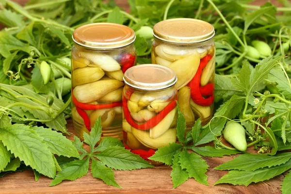 Homemade Pickled Achocha Cyclanthera Pedata Chilli Peppers Preserved Jars Achocha — Stock Photo, Image