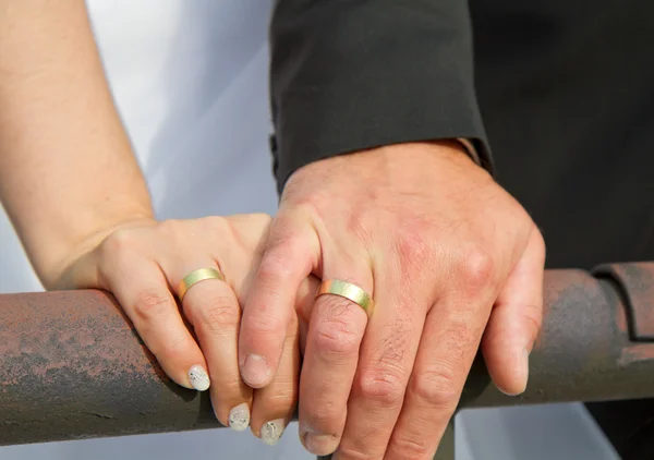 부부는 결혼 반지를 보여줍니다. 스톡 사진