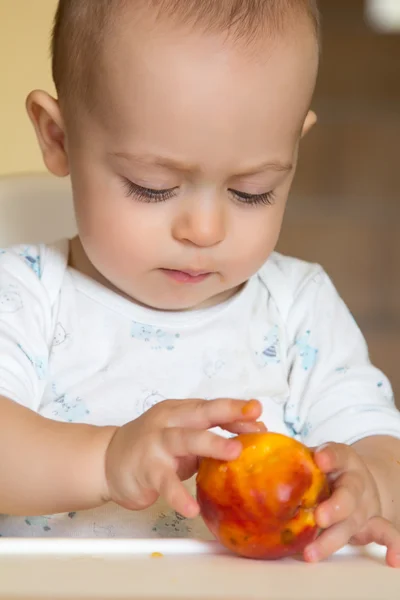 Curioso bebé niño examina un melocotón — Foto de Stock