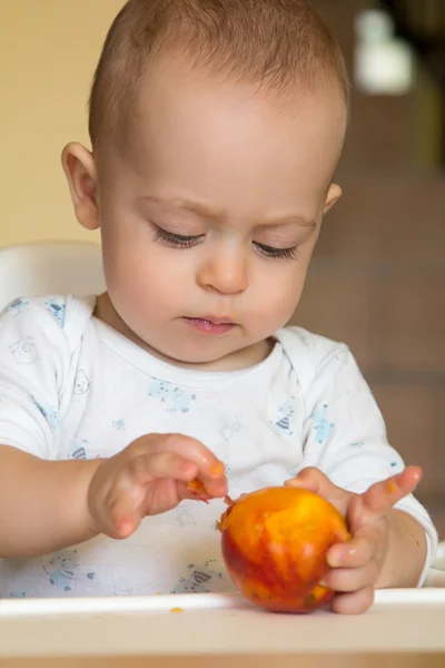 Curioso bebé niño examina un melocotón — Foto de Stock