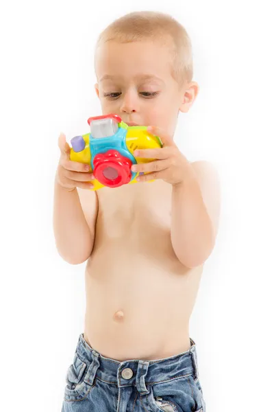 Young half naked boy is taking a photo — Stock Photo, Image