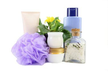 deniz tuzu, sünger ve şampuan Banyosu kompozisyonu