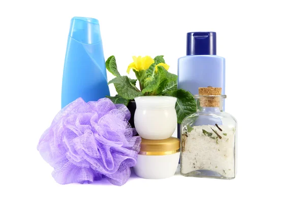 Composizione bagno con sale marino, spugna e shampoo — Foto Stock