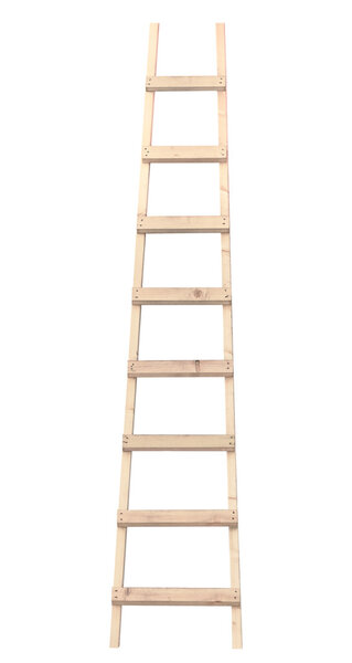 Wooden ladder, vertical isolated stepladder, detailed closeup