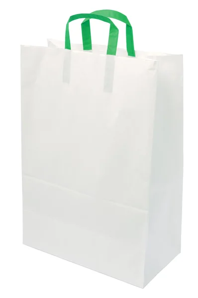 White Paper Bag, Green Handles, Isolated Closeup Copy Space — Stock Photo, Image