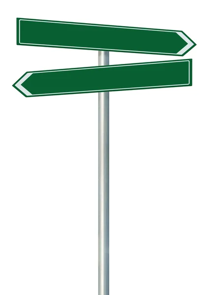 Right and left road route direction pointer this way sign, green isolated roadside signage, white traffic arrow frame roadsign, grey pole post — Stock Photo, Image