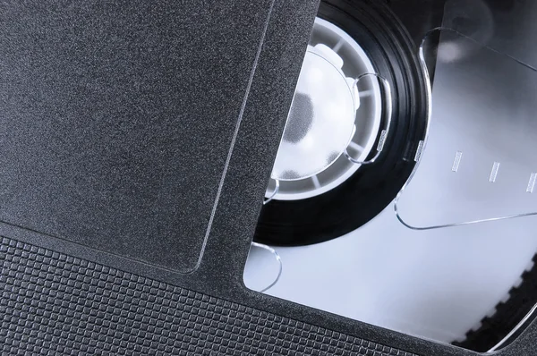VHS nauha Makro lähikuva, suuri yksityiskohtainen musta retro videokasetti — kuvapankkivalokuva