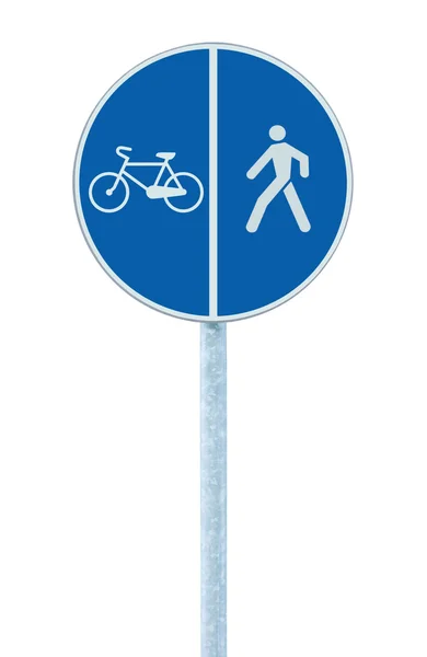 Rad- und Fußweg-Verkehrsschild an Mast, große blaue Straßenbeschilderung — Stockfoto