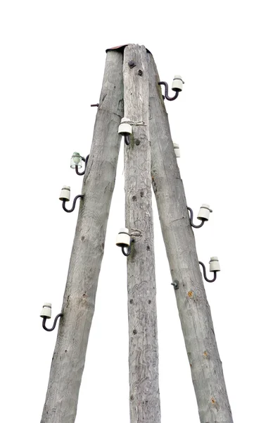 Старый выветрившийся деревянный столб для электричества, проволочный узел и кабели — стоковое фото
