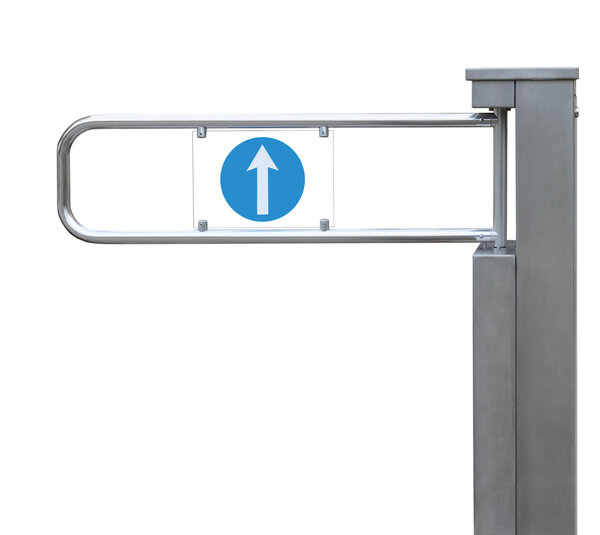 Entrance tourniquet, detailed turnstile, stainless steel, arrow sign, isolated closeup, access control concept