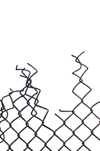 Grunge leeftijd geplette roestig draad beveiliging hek geïsoleerde, verticale — Stockfoto