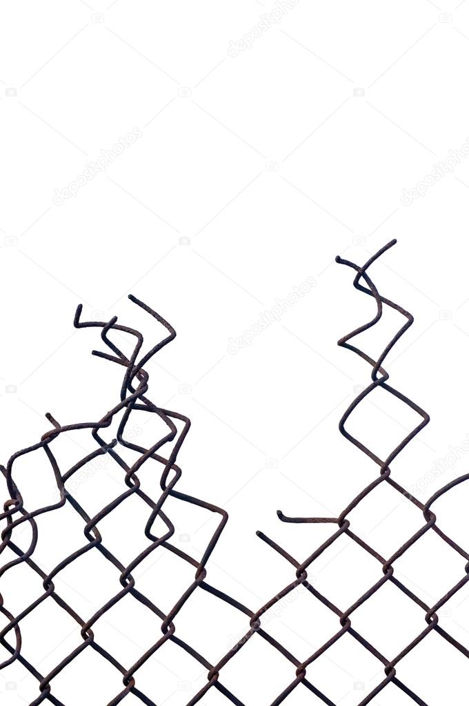 Grunge aged crushed rusty wire security fence isolated, vertical