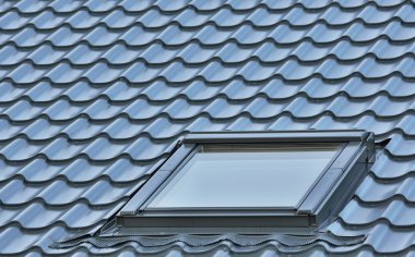 Roof window on a grey tiled rooftop, large detailed loft skylight background, diagonal roofing pattern clipart