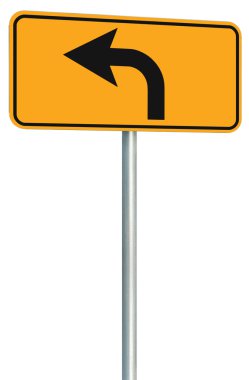 İleride yol yol işareti perspektif sola dön, sarı izole roaroadside trafik tabela, bu şekilde tek yön işaretçi, siyah oku çerçeve mesaj, gri direk mesaj
