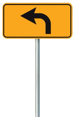 İleride yol yol işaret sola dön, sarı izole yol kenarında trafik tabela, bu şekilde tek yön işaretçi, siyah oku çerçeve mesaj, gri direk mesaj