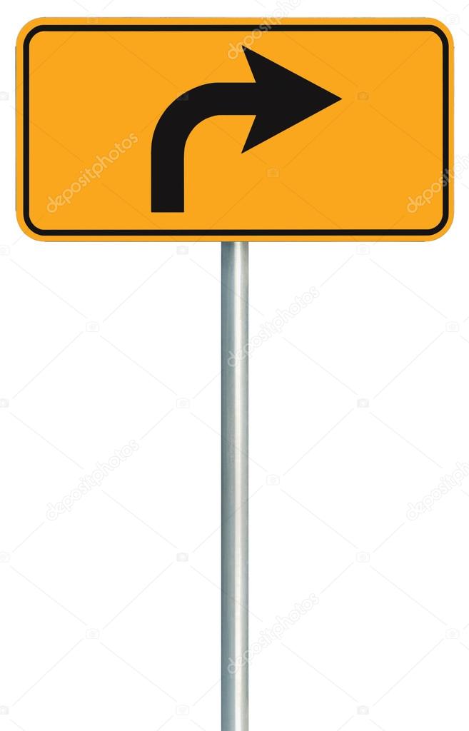 Right turn ahead route road sign, yellow isolated roadside traffic signage, this way only direction pointer, black arrow frame roadsign, grey pole post