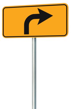 İleride yol yol işareti perspektif sağa dön, sarı izole yol kenarında trafik tabela, bu şekilde tek yön işaretçi, siyah oku çerçeve mesaj, gri direk mesaj
