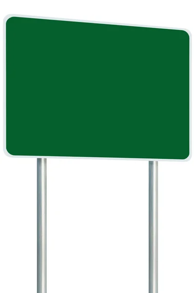 Lege groene uithangbord verkeersbord geïsoleerd, grote perspectief kopiëren ruimte, witte frame langs de weg wegwijzer pool post leeg verkeer bewegwijzering, witte frame — Stockfoto