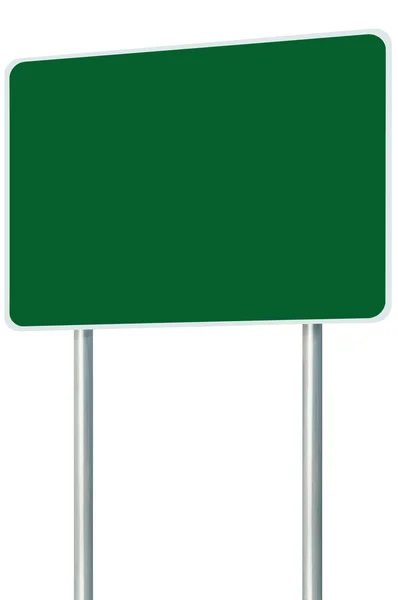 Lege groene uithangbord verkeersbord geïsoleerd, grote perspectief kopiëren ruimte, witte frame langs de weg wegwijzer pool post leeg verkeer bewegwijzering, witte frame — Stockfoto