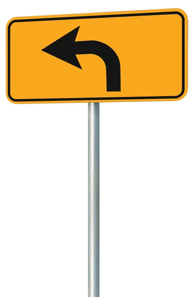 Left turn ahead route road sign perspective, yellow isolated roadside traffic signage, this way only direction pointer, black arrow frame roadsign, grey pole post — Stock Photo, Image