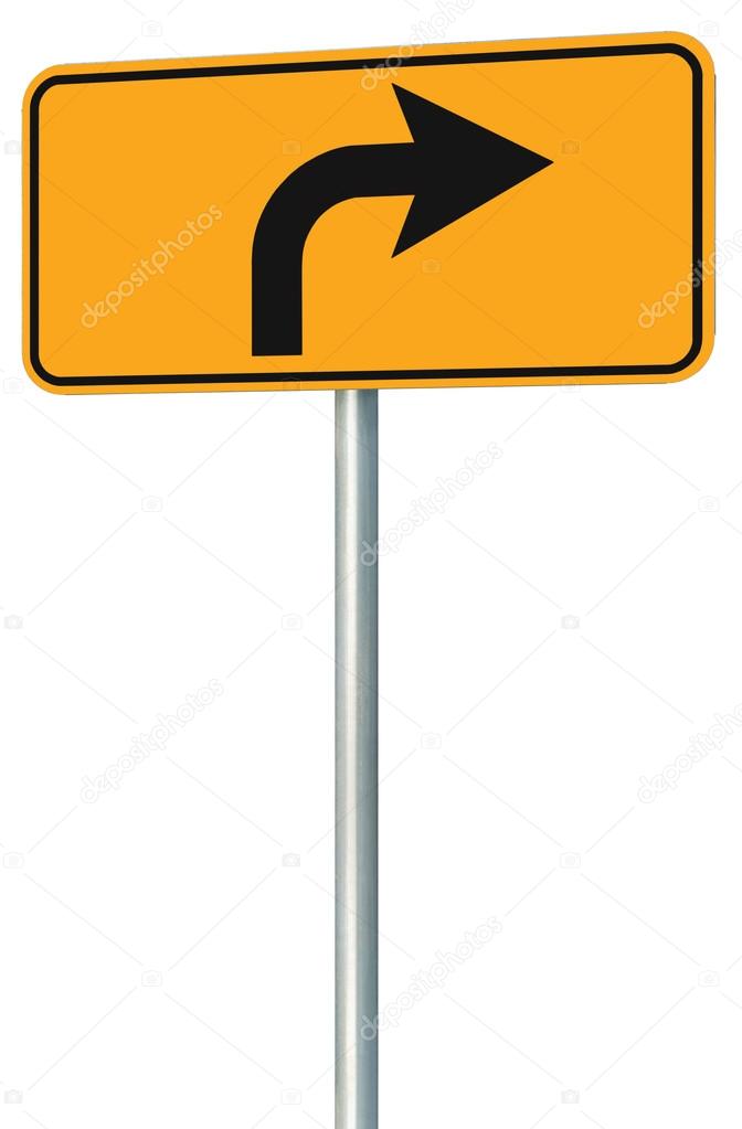 Right turn ahead route road sign perspective, yellow isolated roadside traffic signage, this way only direction pointer, black arrow frame roadsign, grey pole post