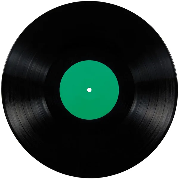 Black vinyl record lp album disc isolated long play disk with blank label in green — Stock Photo, Image