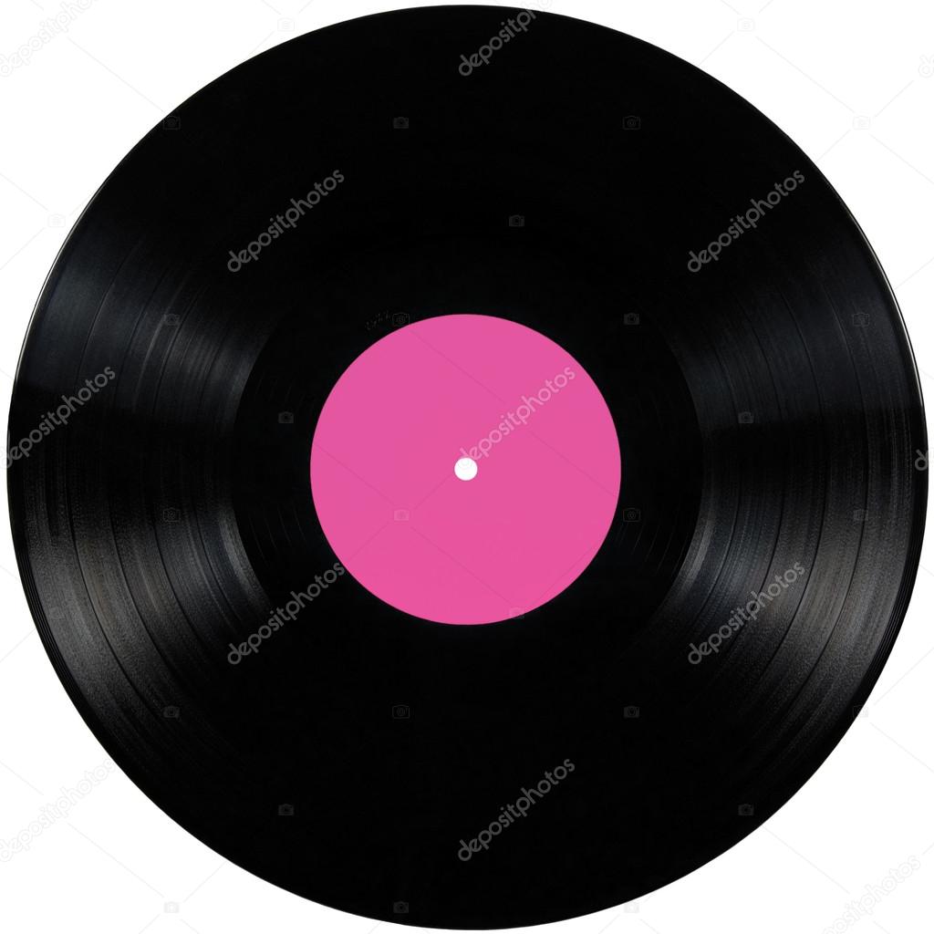 Black vinyl record lp album disc isolated long play disk with blank empty label in pink