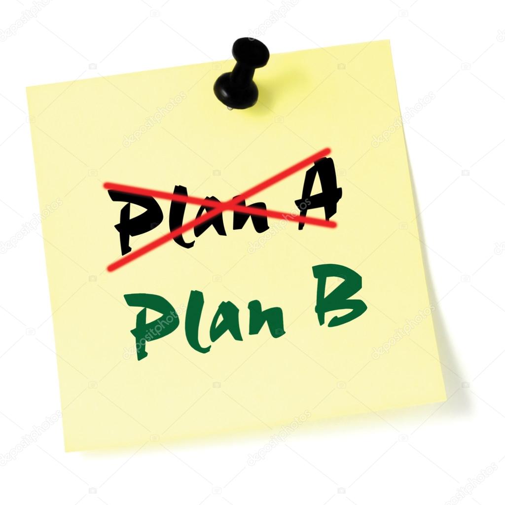 Crossing out Plan A, writing Plan B, Yellow Post-It Style Sticky Note Macro Closeup, Large Detailed Thumbtacked Sticker Adhesive Memo