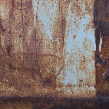 Eski açık mavi boyalı paslı paslı paslı demir çerçeve arka plan dokusu, dikey yaşlanmış hasarlı yıpranmış çerçeveli çizik sade boya plakası, grunge desenli fotokopi uzay makroskobu, çizikler, büyük detaylı paslı paslanmış paslı demir çerçeve paslı.