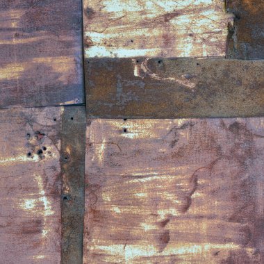 Yaşlı, yıpranmış paslı demir çarşaf deseni, birden fazla paslanmış paslanmış paslanmış paslanmış metal yama plakaları, kırsal yamalı kulübe kulübesi duvarlı makro kaplama, büyük, detaylı dokuma harap olmuş paslı arka plan alanı parlak 