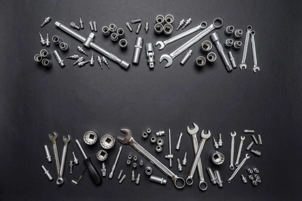 Σύνολο Εργαλείων Μαύρο Φόντο Μηχανικά Εργαλεία Κλειδιά Κλειδιά Τεχνική Επισκευή — Φωτογραφία Αρχείου